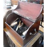 A VINTAGE MAHOGANY 'SHOE-SHINE' BOX, with brass handles, containing a collection of brushes