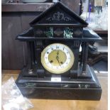 A 19TH CENTURY SLATE CASED MANTEL CLOCK of architectural design (key and pendulum in office)