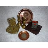 A PAIR OF SMALL BRASS CANDLESTICKS , a Bakelite ashtray and other items