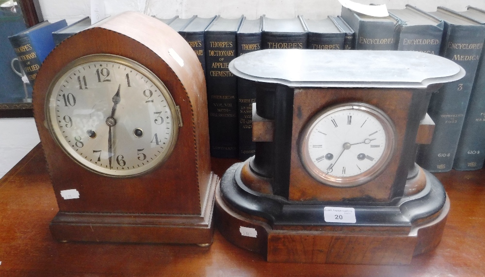 A VICTORIAN BURR WALNUT AND EBONISED CASED MANTEL CLOCK and an Edwardian mahogany cased example (2)