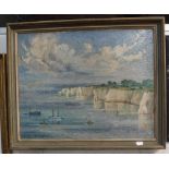 ENGLISH SCHOOL, mid-20th century, Cliffs with moored boats in a cove with monogram J B and dated