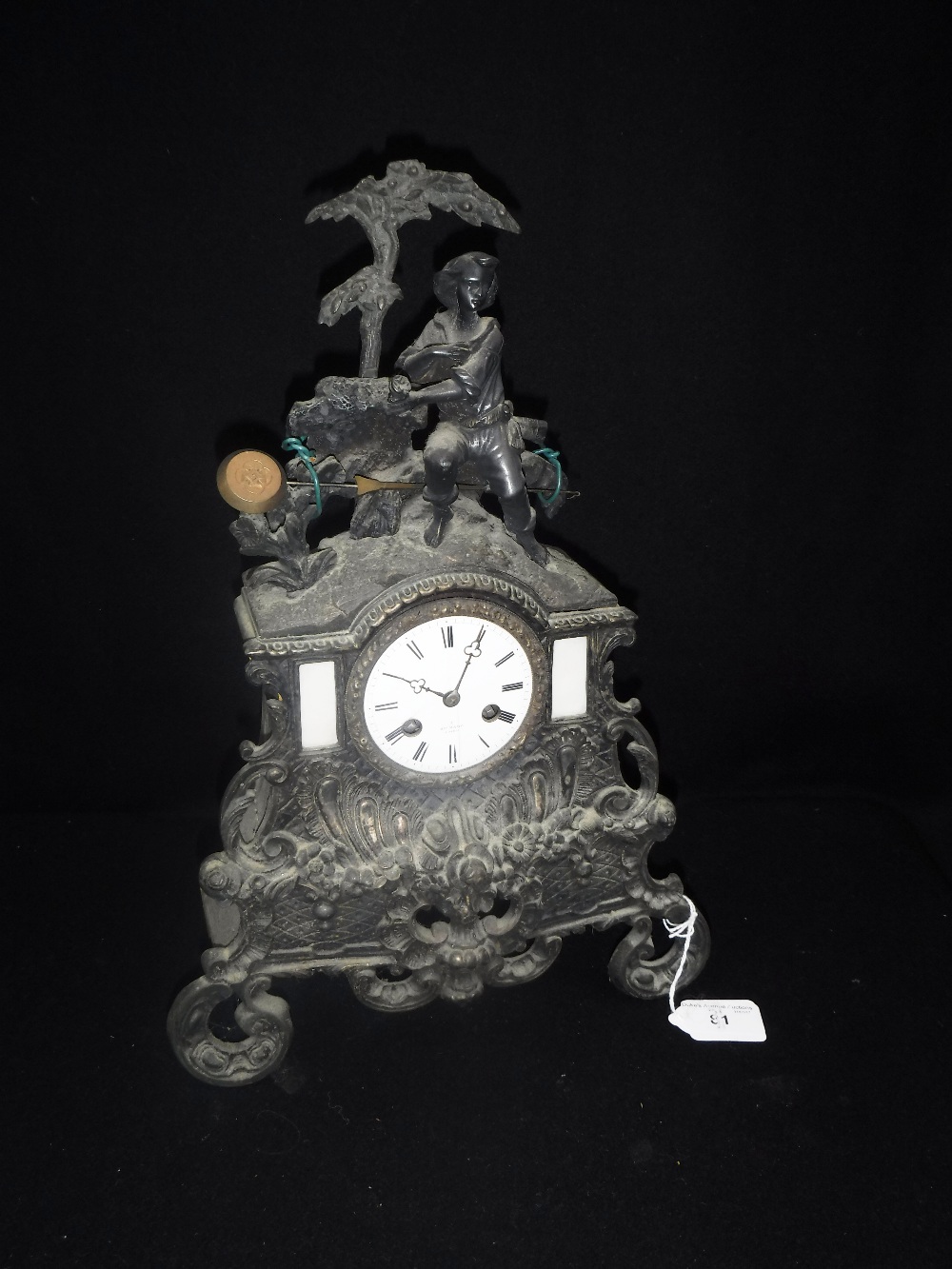 A 19TH CENTURY FRENCH SPELTER CASED MANTEL CLOCK, the enamel face inscribed 'Hry MARC A PARIS' (