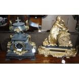 A 19TH CENTURY FRENCH SPELTER MANTEL CLOCK, with gilt decoration, and another similar