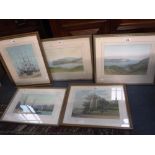 S THOMPSON: A collection of topographical watercolours including a harbour scene with steam boat
