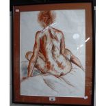 A RED AND BLUE CHALK STUDY OF A NUDE WOMAN, indistinctly signed to the bottom