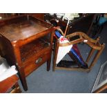 A 1920'S OAK STICK-STAND with drip-tray, 24" wide and a George III mahogany nightstand, 19.5" wide