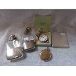 A SILVER CIGARETTE CASE, two pocket watches and two white metal and glass hip flasks (5)