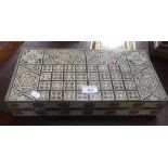 AN INDIAN HARDWOOD AND PARQUETRY CHESS BOARD BOX, the interior with a Backgammon board, with