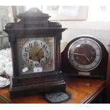 AN EDWARDIAN OAK-CASED MANTEL CLOCK and a walnut cased clock (2)