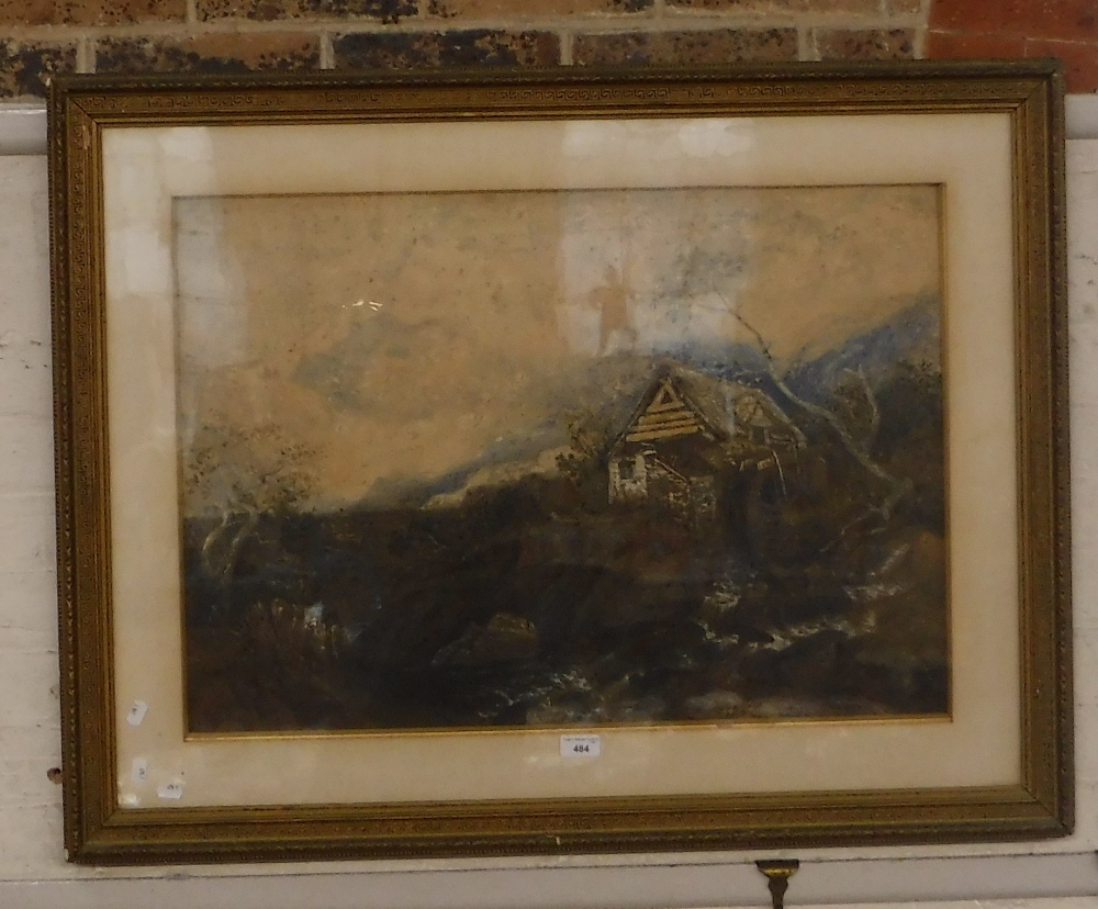 A 19TH CENTURY WATERCOLOUR AND GOUACHE PAINTING OF A WATER MILL in Greek Key moulded frame