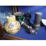 A BRASS WALL MOUNTED OIL LAMP, a pair of scales, a 'Suffering Moses' lamp and a miner's lamp