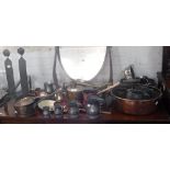 A VICTORIAN COPPER JAM PAN, a similar saucepan with lid and a collection of metalware