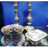 A 19TH CENTURY PLATED DISH RING, similar candlesticks and cheese dish