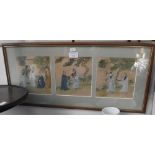 A SET OF THREE ORIENTAL PAINTINGS ON SILK depicting figures within a landscape, all mounted within