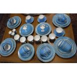 A 19TH CENTURY SPODE STYLE BLUE AND GILT PART BREAKFAST SET including two muffin dishes with rope-