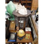 A SMALL HARDWOOD FOLDING TABLE, two shells, boxes and sundries