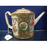 A CHINESE FAMILLE ROSE TEA OR WINE POT decorated with figures and birds in scrolling panels