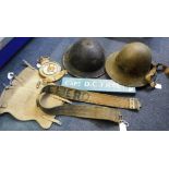 A COLLECTION OF MILITARY MEMORABILIA including two tin helmets and other items