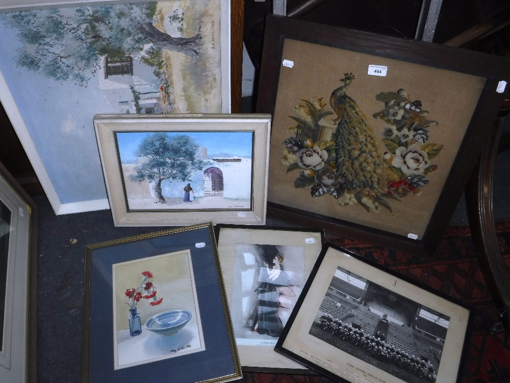 A COLLECTION OF PICTURES AND PRINTS including a Victorian woolwork picture of a peacock