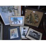 A COLLECTION OF PICTURES AND PRINTS including a Victorian woolwork picture of a peacock