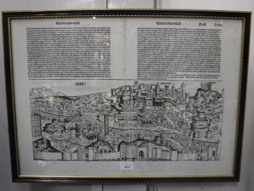 A FRAMED PAGE FROM THE NUREMBERG CHRONICLE with woodcuts of Rome and Genoa