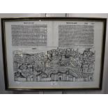 A FRAMED PAGE FROM THE NUREMBERG CHRONICLE with woodcuts of Rome and Genoa