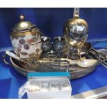 A COLLECTION OF ASSORTED PLATED WARES including a galleried tray, serving cutlery and other items