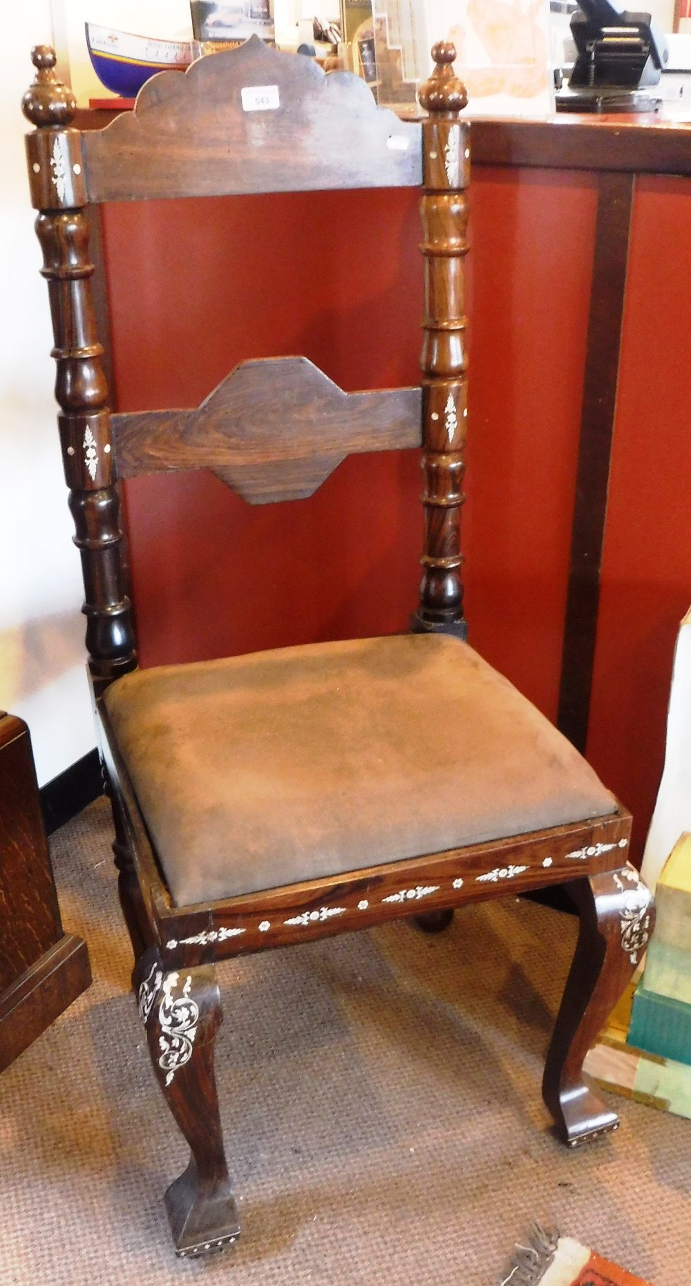 AN INLAID HARDWOOD INDIAN CHAIR on cabriole legs with drop in seat