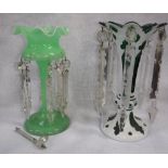 A 19TH CENTURY GREEN AND WHITE OVERLAID GLASS LUSTRE and another similar