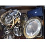 A QUANTITY OF ASSORTED PLATED WARES including cutlery, serving items and others