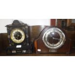 A VICTORIAN SLATE-CASED MANTEL CLOCK and an oak-cased mantel clock (keys in office)