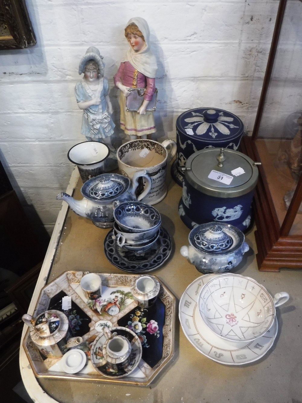 A PART VICTORIAN CHILD'S TEA SET with blue transfer decoration and similar period ceramics