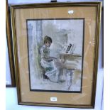 B SCOTT-HOMER: A woman seated at a Grand Piano, signed in pencil, watercolour over pencil