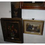 AN OIL ON BOARD FLORAL PAINTING, signed F Wild, a 19th century watercolour of a farm and an unframed