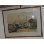 A 19TH CENTURY ENGLISH SCHOOL CONTINENTAL TOWNSCAPE with cathedral, canal and bridge, watercolour