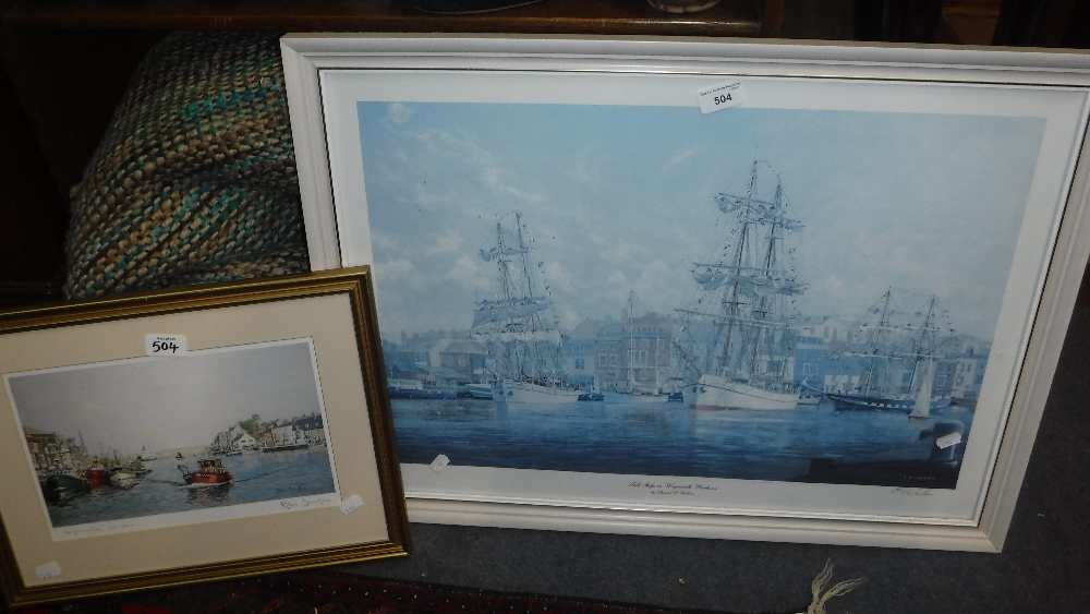 ROBIN DAVIDSON: A signed print 'Weymouth Harbour' and another after E D Walker 'Tall Ships in