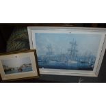 ROBIN DAVIDSON: A signed print 'Weymouth Harbour' and another after E D Walker 'Tall Ships in