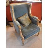 A LOUIS XIV STYLE ARMCHAIR with gilded carved frame, upholstered in blue velvet