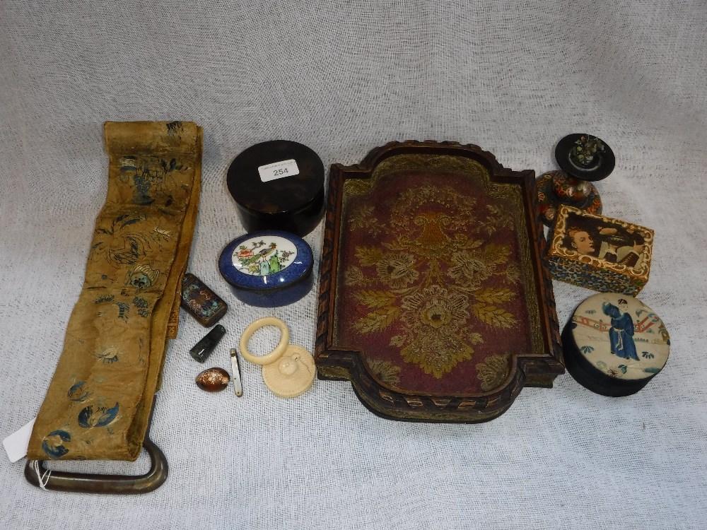 A SMALL COLLECTION OF ITEMS including boxes, tray, bell-pull and other items