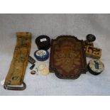 A SMALL COLLECTION OF ITEMS including boxes, tray, bell-pull and other items