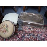 A 19TH CENTURY ELM CUTLERY TRAY, two Victorian footstools and a cast iron door stop in the form of