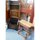 A 1920S OAK BOOKCASE with magazine rack, a reproduction oak joint stool and a small quantity of