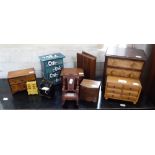 A COLLECTION OF MINIATURE FURNITURE including a mahogany and maple chest of three drawers, 8" wide