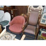 A VICTORIAN 'BOSTON' ROCKING CHAIR, a Victorian low-seated chair in red material and an oval wall