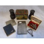 A QUANTITY OF ASSORTED ITEMS including a vintage tin, cigarette cases and other items