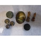 A 19TH CENTURY OIL ON COPPER PAINTING, an enamelled lidded pot, wooden figures and other items