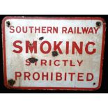 SOUTHERN RAILWAY: A VINTAGE ENAMEL SIGN, 'SOUTHERN RAILWAY SMOKING STRICTLY PROHIBITED' 12" high x