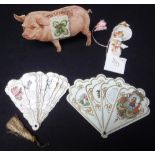 A COLLECTION OF VICTORIAN CALENDARS to include a 'Raphael Tuck' Pig 1897 calendar, an 1895 fan,