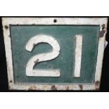 SOUTHERN RAILWAY: A CAST IRON SIGN '21' with '21' and surround painted in white and the background