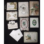 A COLLECTION OF VICTORIAN GREETINGS CARDS, to include two booklet cards, one with a silk tassel ((9)